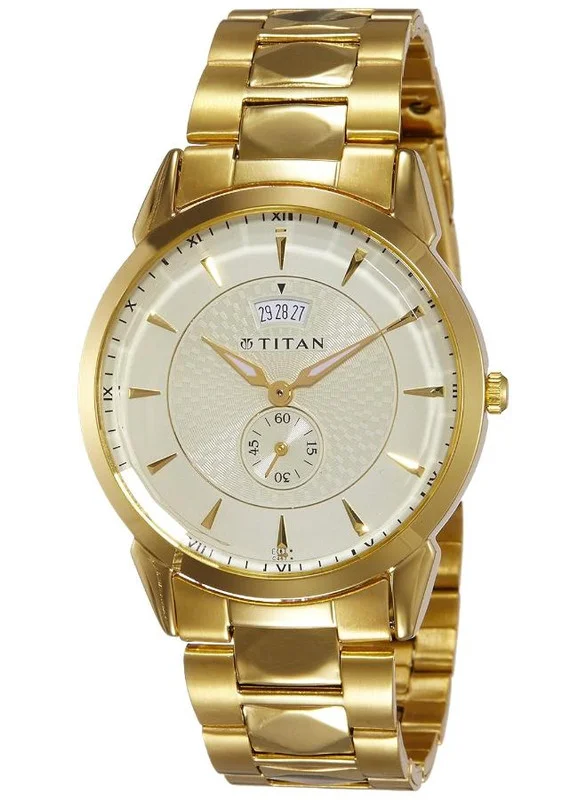 Titan Quartz Analog with Date Champagne Dial Golden Stainless Steel Strap Watch for Men - NT1521YM02